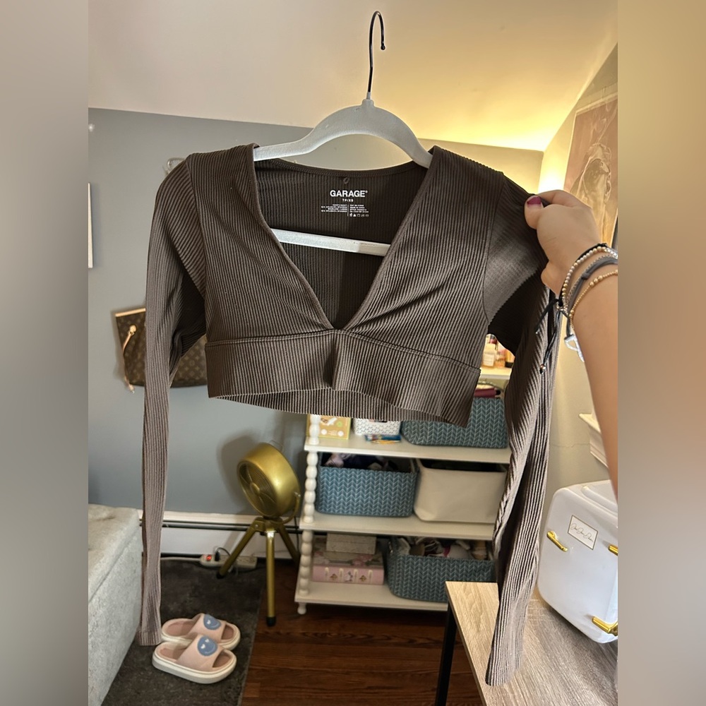 Garage Deep V-Neck Brown Crop Top